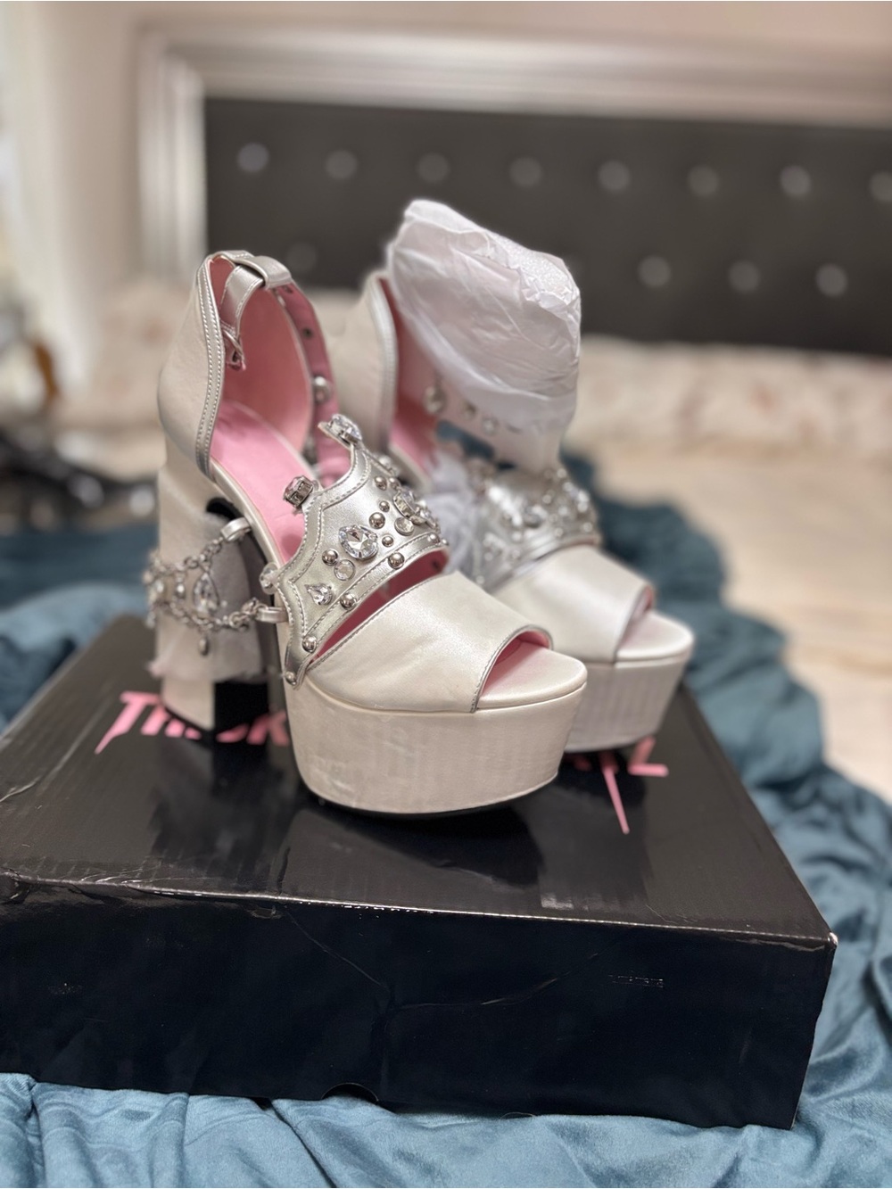 Dolls Kill Silver Platform Heels with Stud and Chain Accents